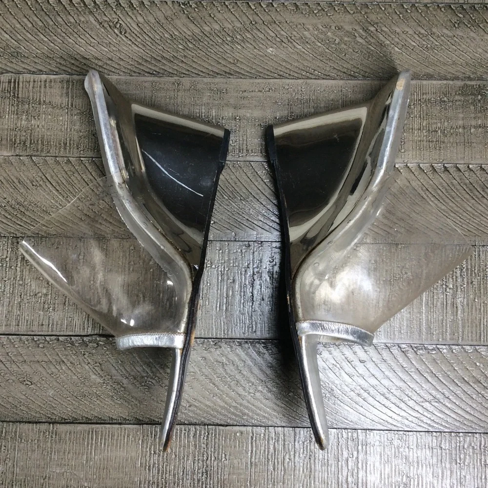 vintage Yves Saint Laurent silver and clear lucite mules with mirror finish
